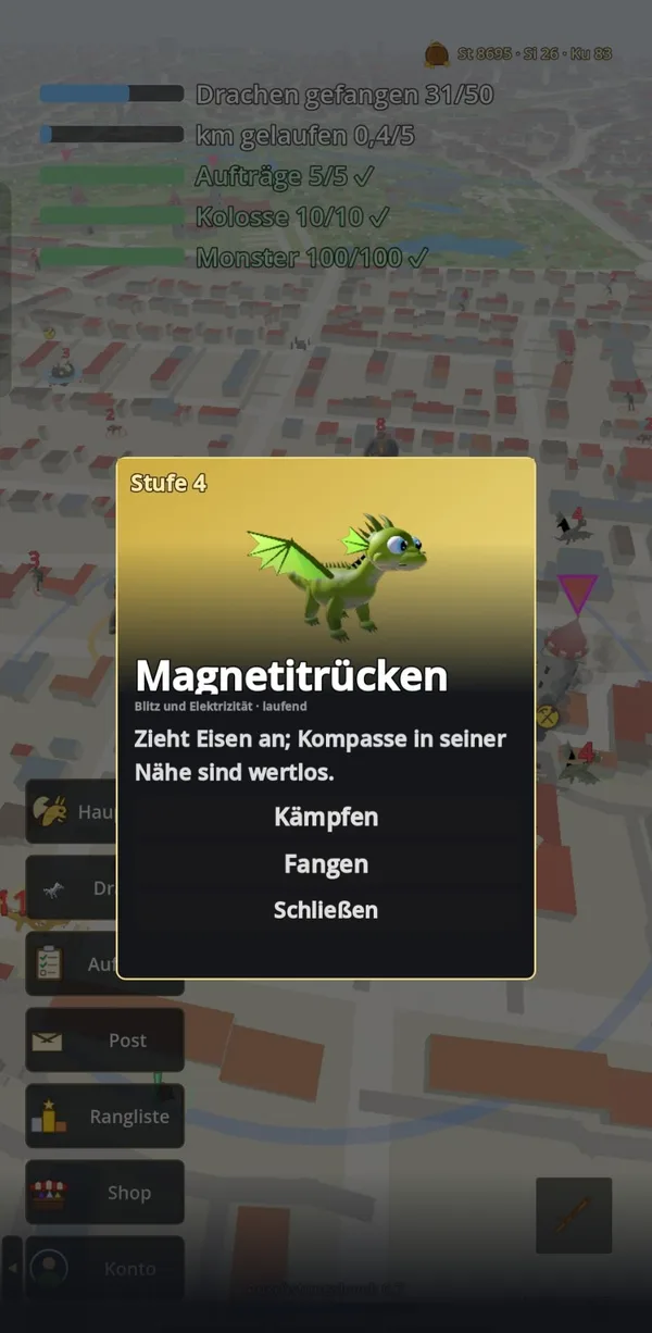 Screenshot of the app: the dragon Magnetitrücken appears on the map, with the buttons Fight, Catch and Close.