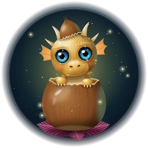 Game logo: a golden baby dragon peeking out of a cracked hazelnut